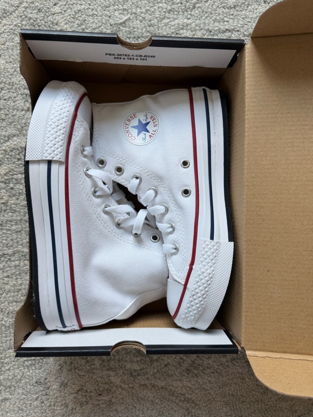 Converse White High Top Sneakers with Red & Navy Trim Kids Size 2 - Picture 5 of 6